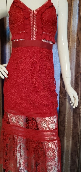 LEA CLASSIC COLLECTION RED NETTED DRESS - Picture 2 of 6